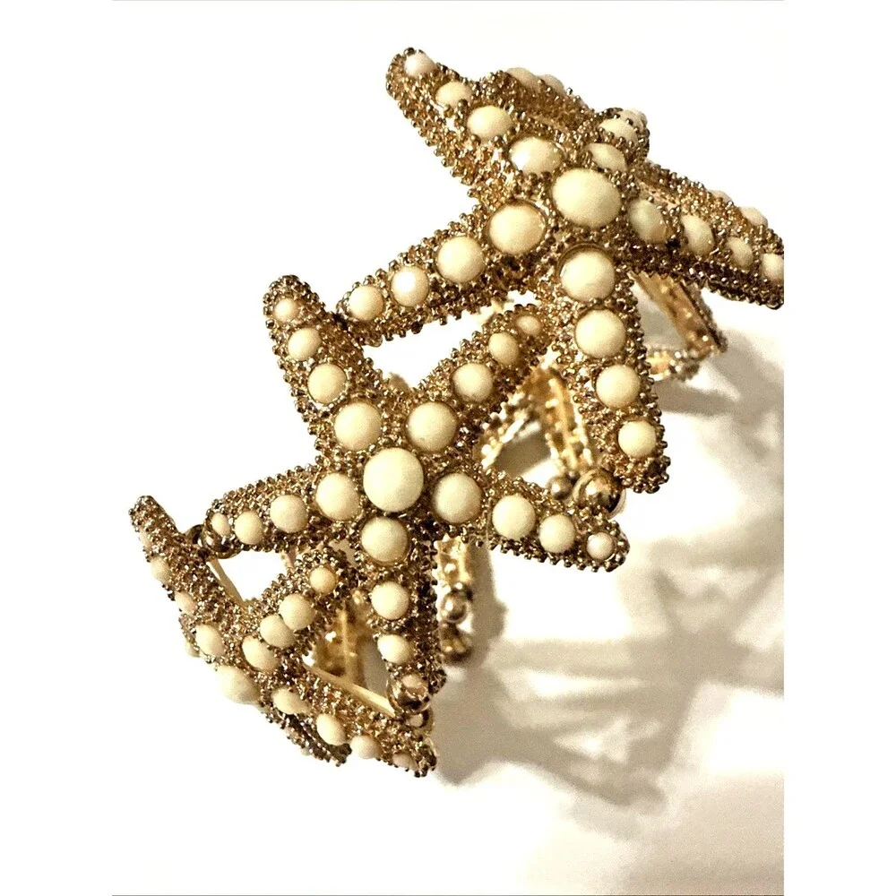 Starfish Bracelet White Rhinestone Gold Tone Beach Sea Life Statement Stretch